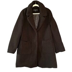 $200 French Connection Black Teddy Faux Fur Boucle Coat Size XL Notched Lapel